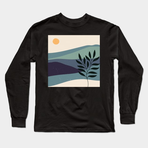 Contemporary abstract mountains and hills landscape with leaves branch digital design illustration Long Sleeve T-Shirt by My Black Dreams